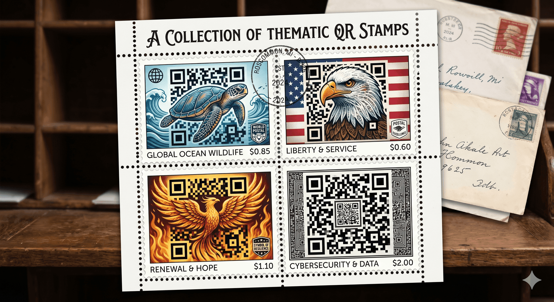 A Collection of Thematic QR Stamps — Roscommon, MI 2024 issue: Global Ocean Wildlife $0.85, Liberty & Service $0.60, Renewal & Hope $1.10, Cybersecurity & Data $2.00